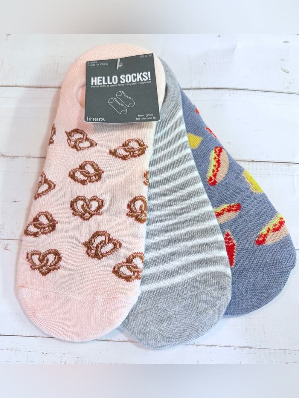 Hello Socks! Set of 3 Liner Socks Pretzels, Hot Dogs, Stripes NWT